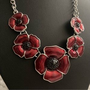 Black Austrian Crystal & Red Enameled Poppy Flower Necklace (20 in) Silvertone